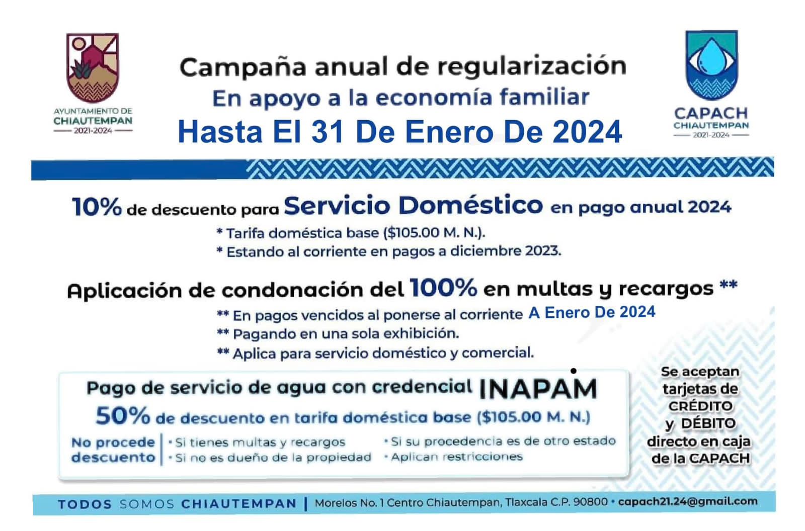 Ayuntamiento de Chiautempan invita a los últimos días de la campaña de regularización en pago de agua